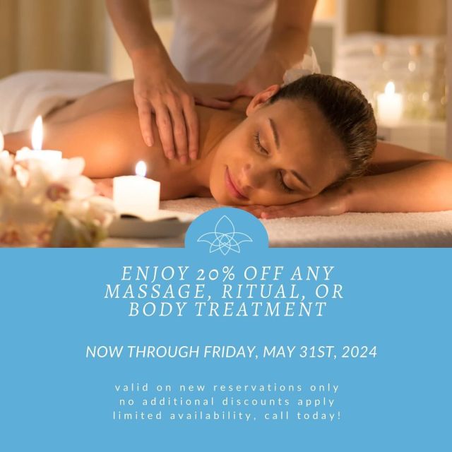 Cool down this week with some hot savings! 🔥

Save 20% on all new reservations when you schedule a massage, ritual, or body treatment! 

Call today to schedule your reservation! 772.231.1133