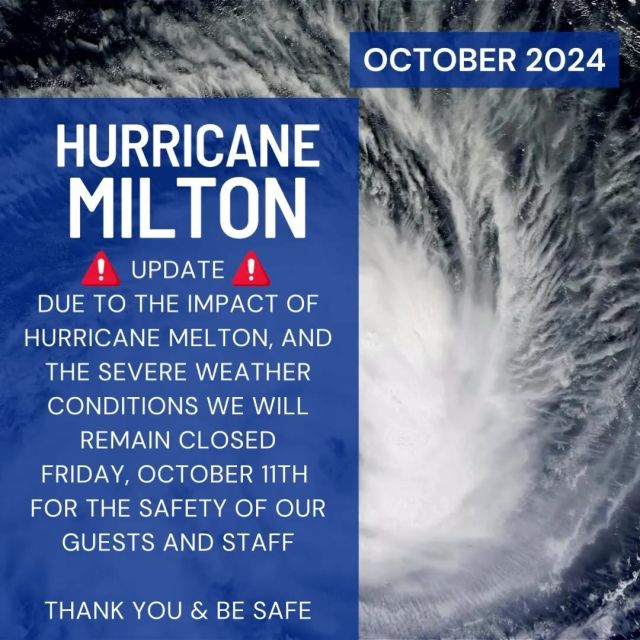 Spa Closure Update ‼️‼️

Due to the severe impact from hurricane Melton, we will remain closed tomorrow for the safety of our staff and guests. 

We will reopen Saturday, October 12th normal operating hours. 

Thank you for your support. #prayforflorida 🙏🏻