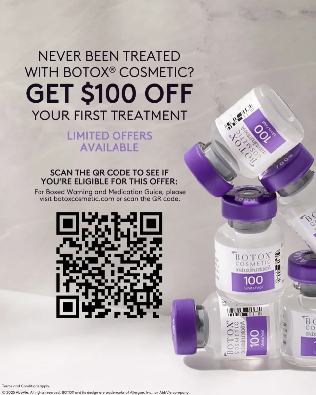 Frown lines getting you down? 👋 

Never tried Botox Cosmetic before? Now’s the perfect time! Get $100 off your first treatment. Limited time offer, so scan the QR code and see if you’re eligible. 

#BotoxCosmetic #FirstTimerDiscount #wrinklefree