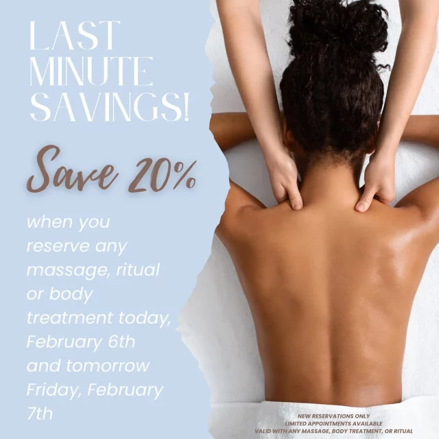 Last-minute pampering? YES PLEASE!✨

Get 20% off any massage ritual or body treatment when you book today or tomorrow! Limited spots available 

#massage #verobeach #spa #lastminutesavings #treatyourself